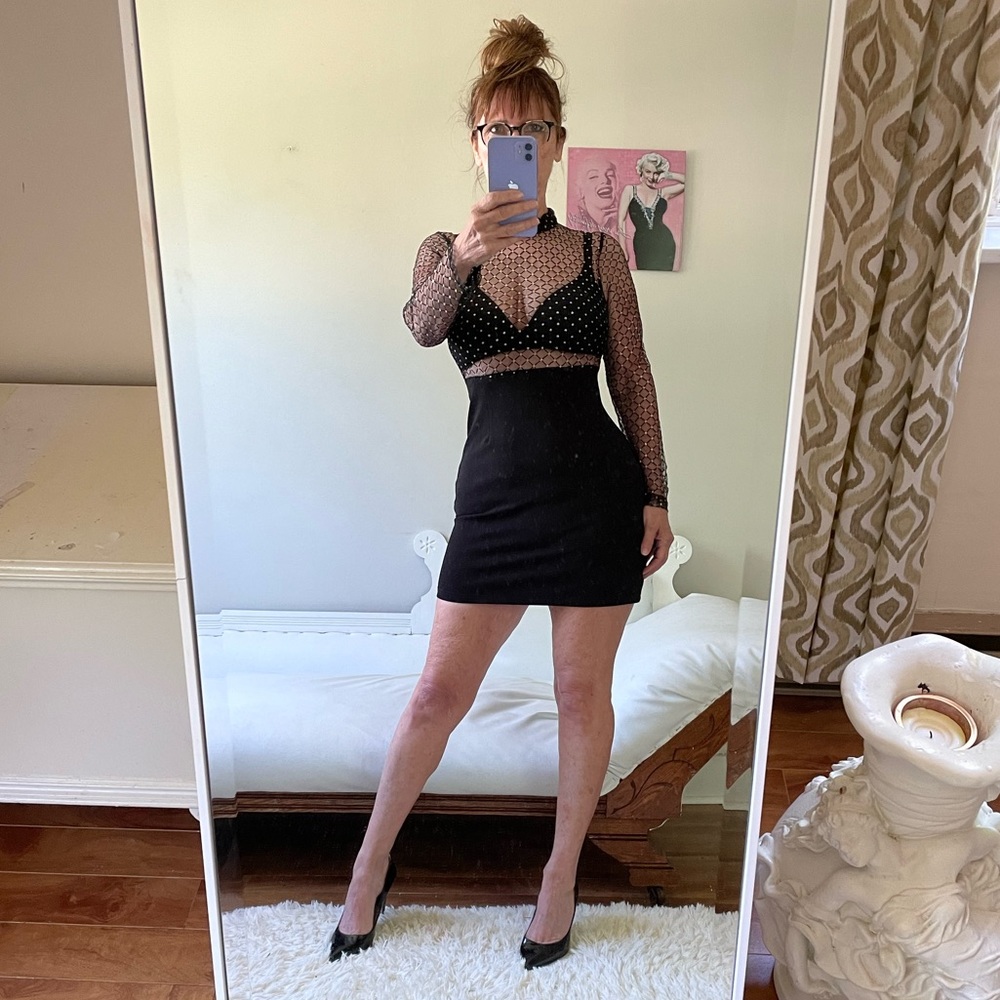 BLACK LONG SLEEVE HALF SHEER MESH TOP BODY CON GOLD GLITTER DIAMOND PATTERN